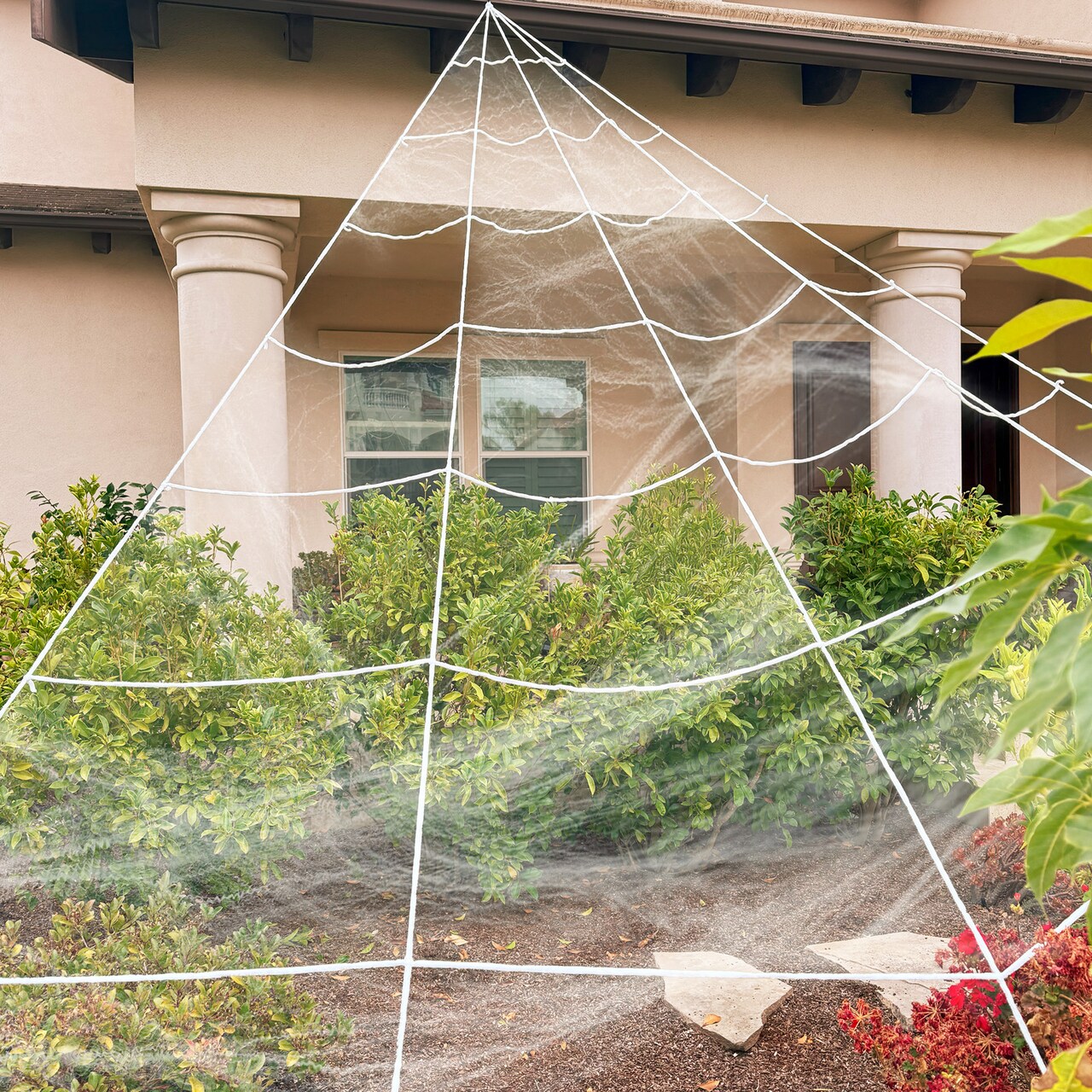 Wrapables 16ft Giant Triangular Spider Web Kit with Cobwebs and 2 Small Spiders, Indoor Outdoor Haunted House Halloween Decor